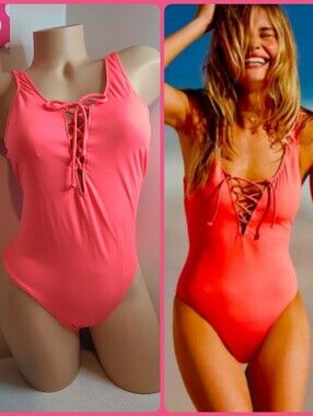 VS PINK Low Back Lace-up One Piece Swimsuit Size Sm Neon Pink